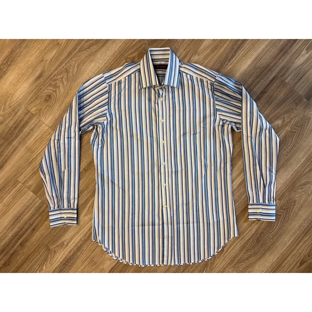 Etro Milano Mens Striped Dress Shirt Blue White Cotton Made in Italy Size 42 XL